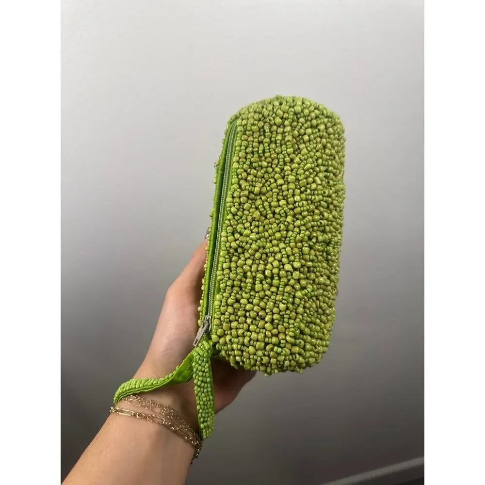 Vintage Handmade Retro Y2K Green Seed Bead Wristlet Clutch - OS